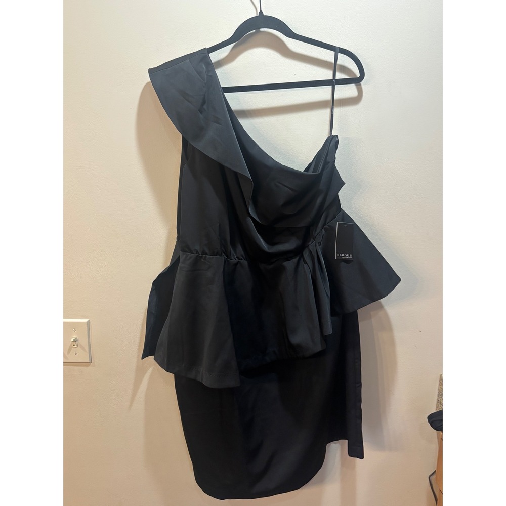 NWT ELOQUII Studio‎ Black One Shoulder Ruffle Peplum Dress Size 20